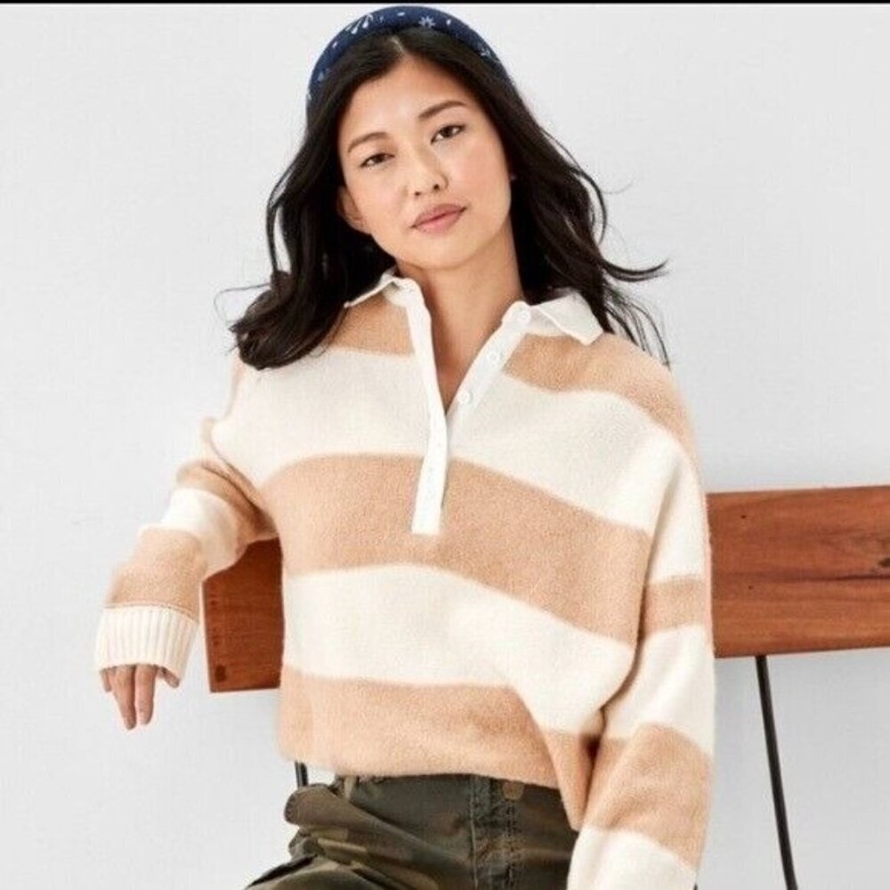 American Eagle Tan/Cream Striped Collared 3/4 Button Up Sweater XS Preppy‎ Boxy